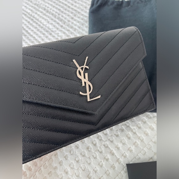 Saint Laurent Monogram Small Envelope Wallet on Chain/ Clutch - Black w Silver - Picture 6 of 9